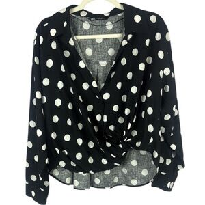 Zara Linen Blend Polka Black and White Wrap Blouse with Long Sleeves Size Large